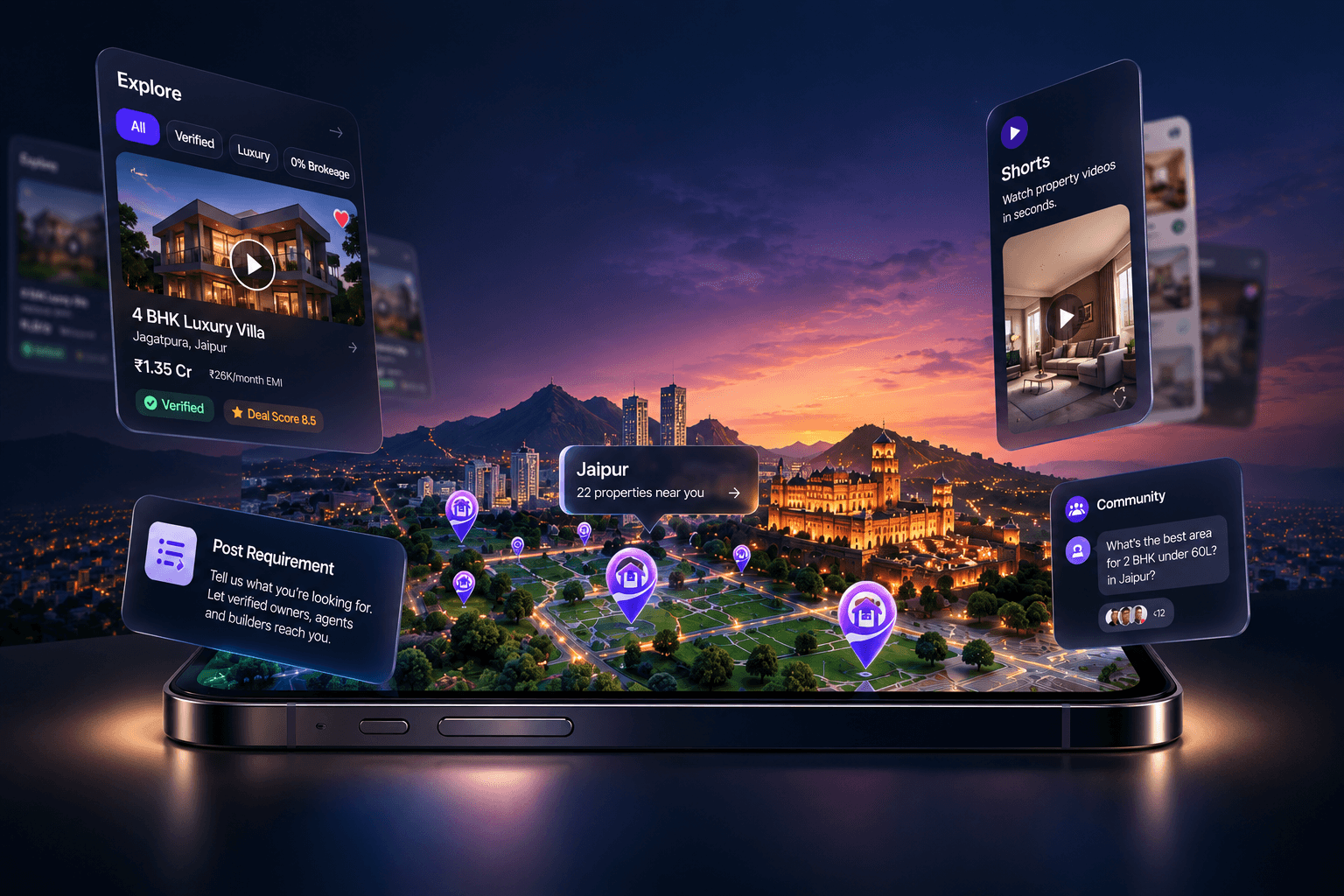 Master Acres app experience rising from a phone — Explore, Shorts, Requirements, and Community